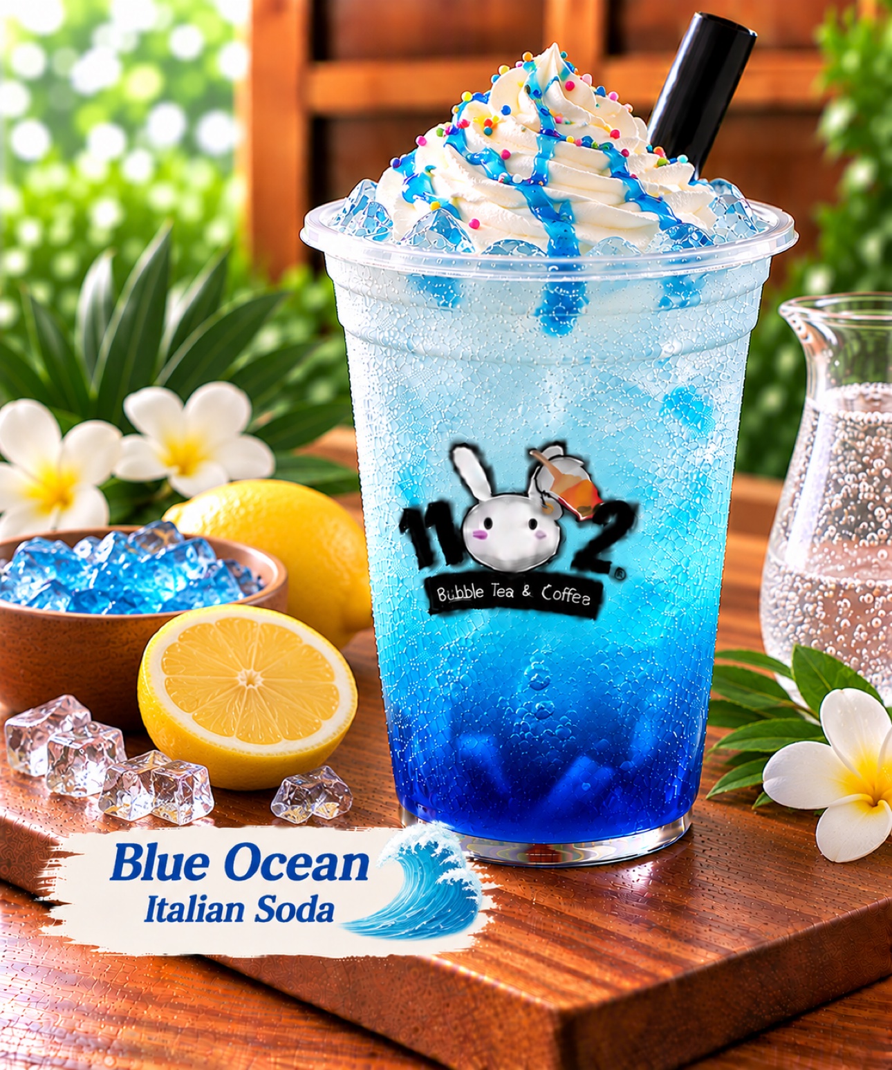 Blue Ocean Italian soda with whipped cream in a cup with the 1102 shop logo