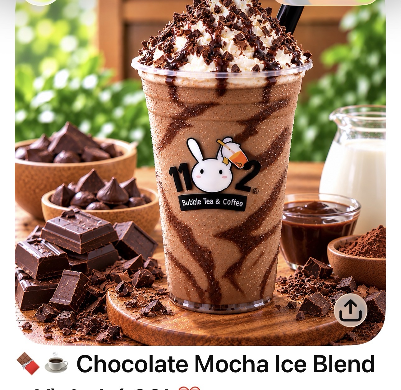 Chocolate mocha iceblend in a cup with the 1102 shop logo