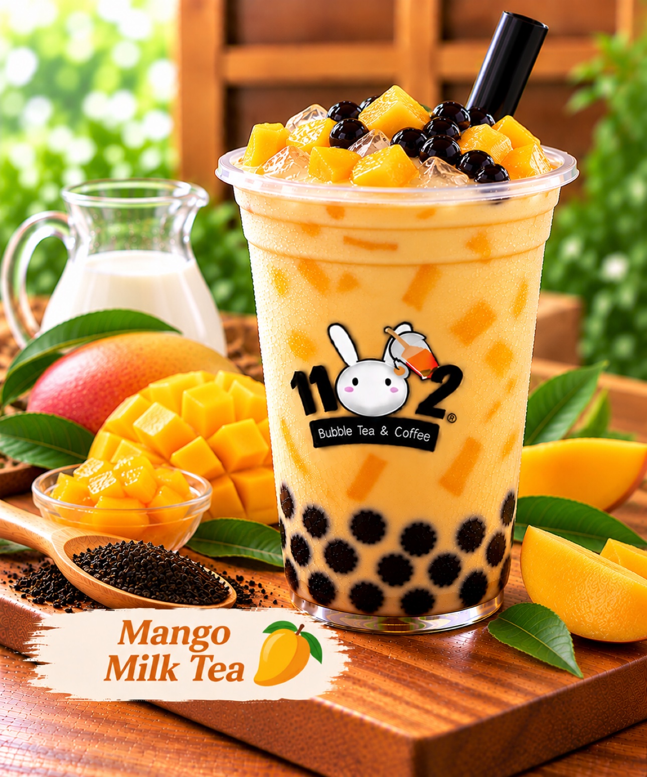 Mango milk tea with boba in a cup with the 1102 shop logo