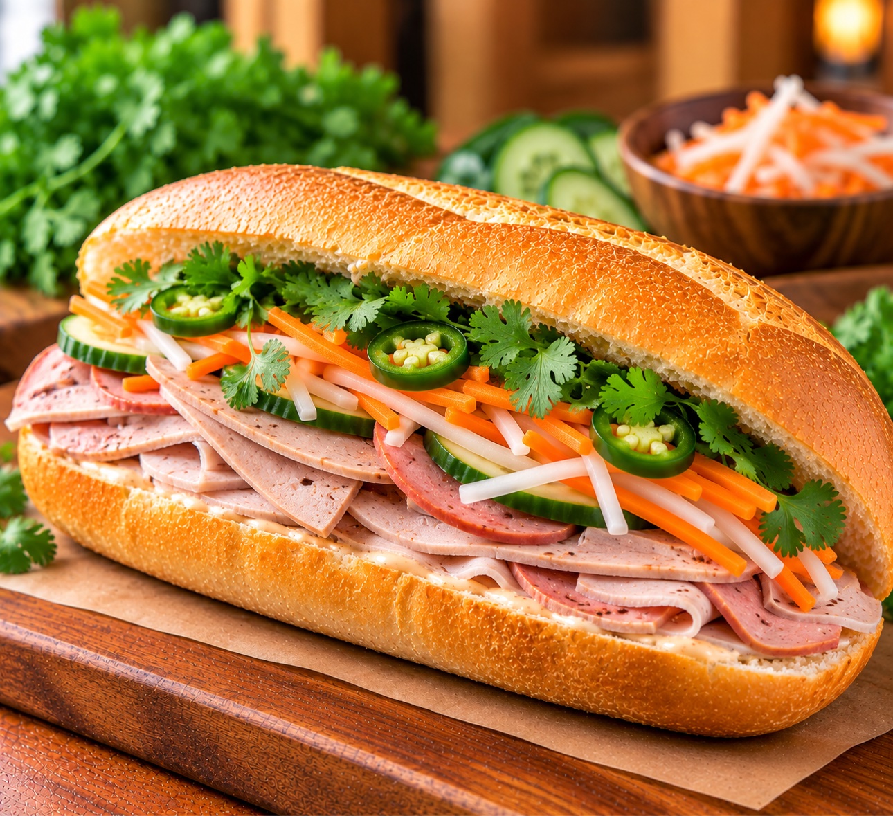 Special Combination banh mi with cold cuts, pickles and fresh herbs