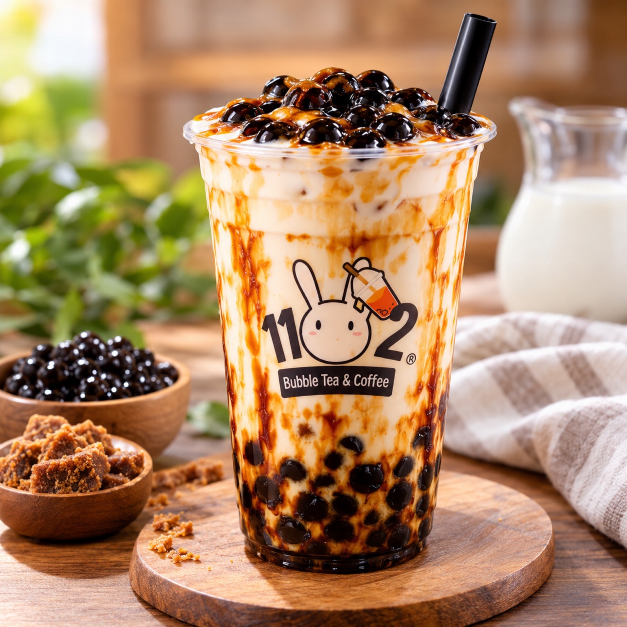 Tiger Sugar boba milk in a cup with the 1102 shop logo
