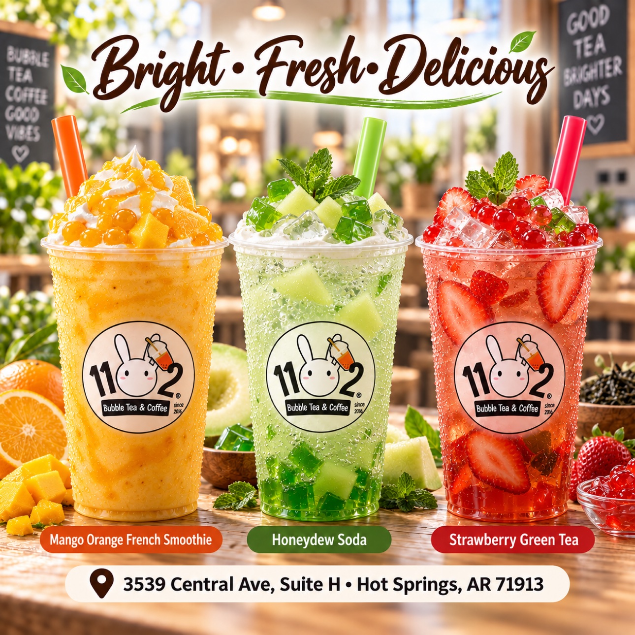 Bright, Fresh, Delicious: Mango Orange French Smoothie, Honeydew Soda, and Strawberry Green Tea