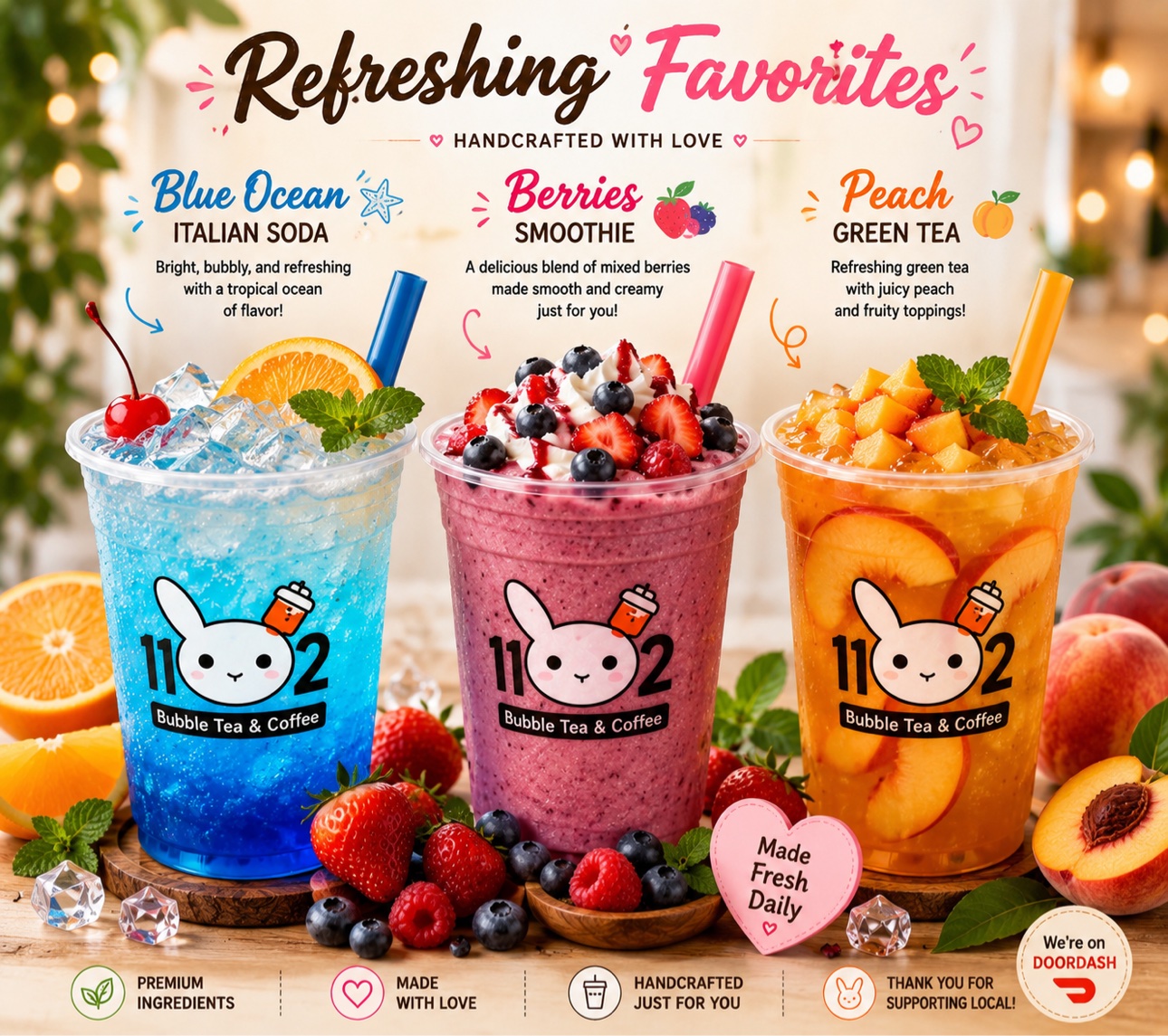 Refreshing Favorites: Blue Ocean Italian Soda, Berries Smoothie, and Peach Green Tea